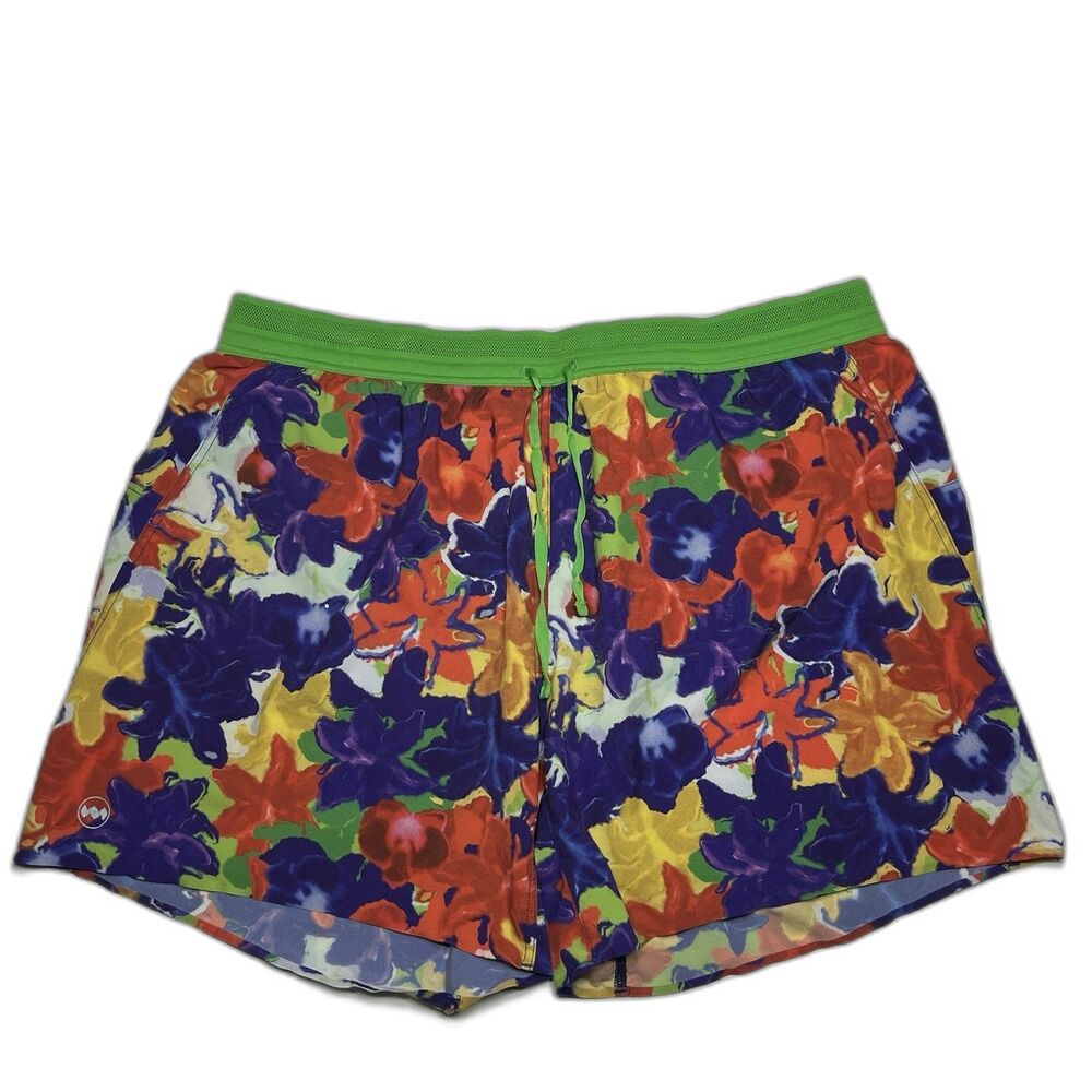 Janji Mens AFO Lined Running Shorts Xl Green  Orange Floral Tropical Print 5.5